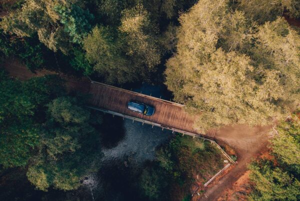 Aerial view of car on wooden forest bridge